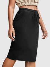 Black Drawstring Midi Pencil Skirt with Pockets Woman Skirts