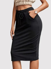 Black Drawstring Midi Pencil Skirt with Pockets Woman Skirts