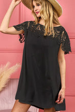 Black Dress with Crochet Lace Yoke and Wrinkled Texture BLACK
