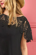 Black Dress with Crochet Lace Yoke and Wrinkled Texture
