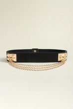 Black elastic belt with gold chain and bow details