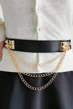 Black elastic belt with faux leather, gold studs, and dangling chains