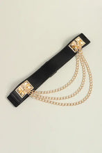 Black elastic belt with gold chain links and square buckles