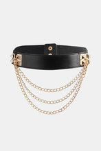 Black faux leather elastic belt with gold pyramid studs and chains