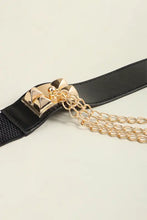 Black elastic belt with gold chain and pyramid buckle