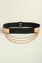 Black elastic belt with gold pyramid studs and dangling chains
