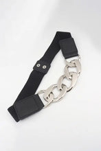 Black elastic belt with chunky silver chain buckle and grommets