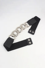 Black elastic belt with chunky silver chain buckle and leather straps