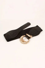 Black elastic belt with gold shell alloy buckle for women