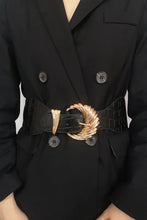 Black elastic belt with gold shell alloy buckle for women