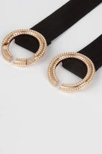 Black elastic belt with gold-tone double hoop buckle embellished in rhinestones for women