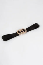 Black elastic belt with rhinestone double hoop buckle for women