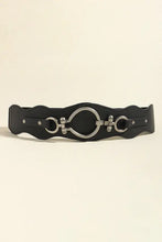 Black elastic waist belt with silver zinc alloy buckle and O-ring detailing