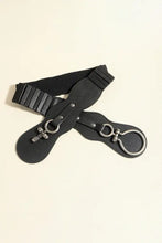 Black elastic waist belt with zinc alloy buckle and O-ring detailing