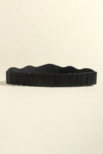 Black wavy leather belt with scalloped edges, matte finish, and zinc alloy buckle