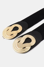 Black woven wide belt with twisted alloy buckle and gold chain closure