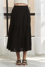Black Elastic Waistband Tiered Midi Skirt for Women