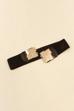 Black elastic wide belt with gold-toned geometric buckle for women