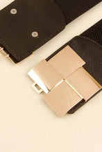 Women’s elastic wide belt with geometric buckle and zinc alloy hardware