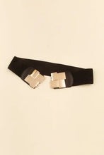 Black elastic wide belt with silver geometric buckle for women