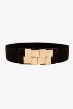 Black elastic wide belt with gold geometric buckle for women