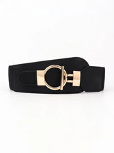 Black elastic wide belt with gold O-ring buckle and textured weave