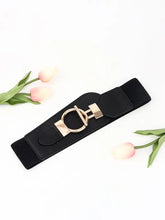 Black elastic wide belt with gold buckle and ring hardware