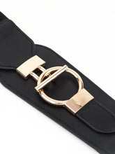 Black elastic wide belt with gold buckle and textured weave
