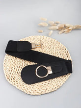 Black elastic wide belt with silver buckle and textured weave