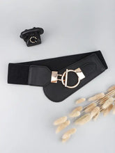 Black elastic wide belt with gold hardware and rectangular buckle