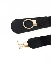 Black elastic wide belt with gold buckle and textured weave