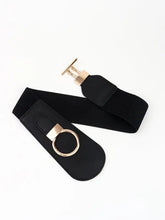 Black elastic wide belt with gold buckle and textured weave