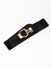 Black elastic wide belt with gold buckle and textured weave