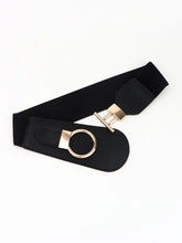 Black elastic wide belt with gold buckle and textured weave