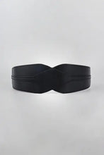 Black elastic wide PU belt with silver studded clasp and crisscross front