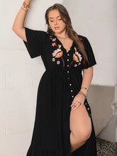 Black Embroidered Viscose Maxi Dress with Slit and Buttons