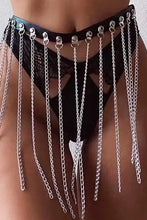 Black faux leather belt with fringed chain and silver mesh garter