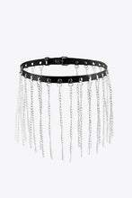 Black faux leather belt with fringed chain and silver dangling chains
