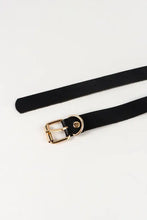 Black faux leather belt with gold chains and buckle