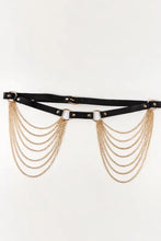 Black faux leather belt with dangling gold chains and buckle