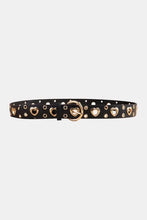 Black faux leather belt with gold heart shape alloy eyelets and buckle