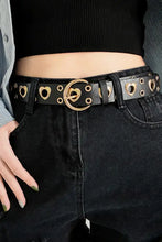 Black faux leather belt with gold heart shape alloy eyelets and buckle