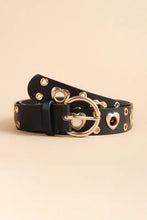 Black faux leather belt with gold heart shape alloy eyelets and buckle