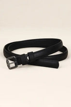 Black faux leather belt with silver metal buckle