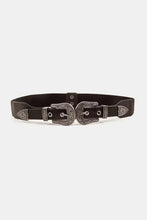 Black faux leather belt with symmetrical zinc alloy silver buckles