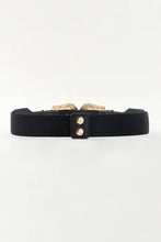 Black faux leather belt with symmetrical zinc alloy silver buckles