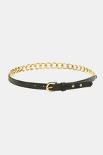 Black faux leather chain belt with gold chain-link accent