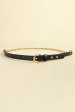Black faux leather chain belt with gold chain-link accent