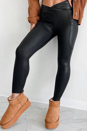 Black Faux Leather Leggings with Pockets Black