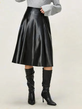 Black Faux Leather Midi Skirt with Chain Belt Black